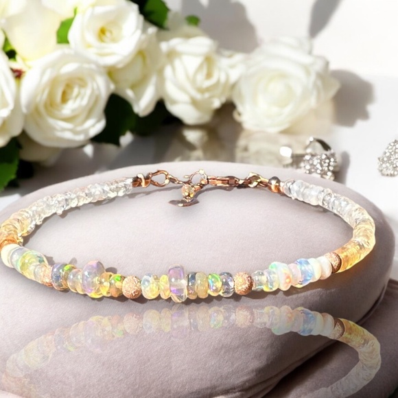 Handmade Natural Fire Opal Bracelet 14k Rose Gold Filled , 7.2" - 7.9" - Picture 1 of 12